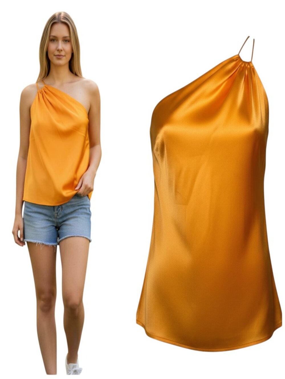 The Sei Silk One Shoulder Draped Top Orange Satin Size 0 NWT